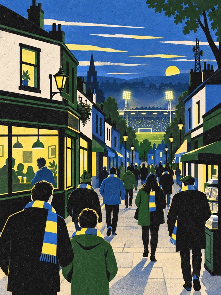 A small-town street on match day, supporters walking in scarves