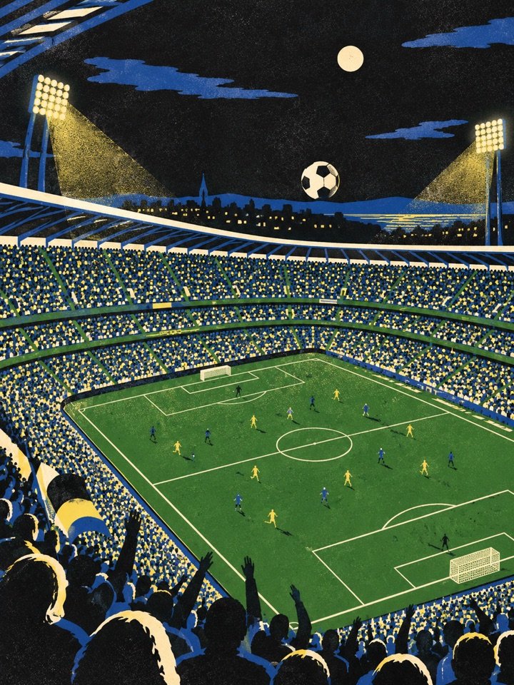 A floodlit stadium bowl at night with a ball in the air