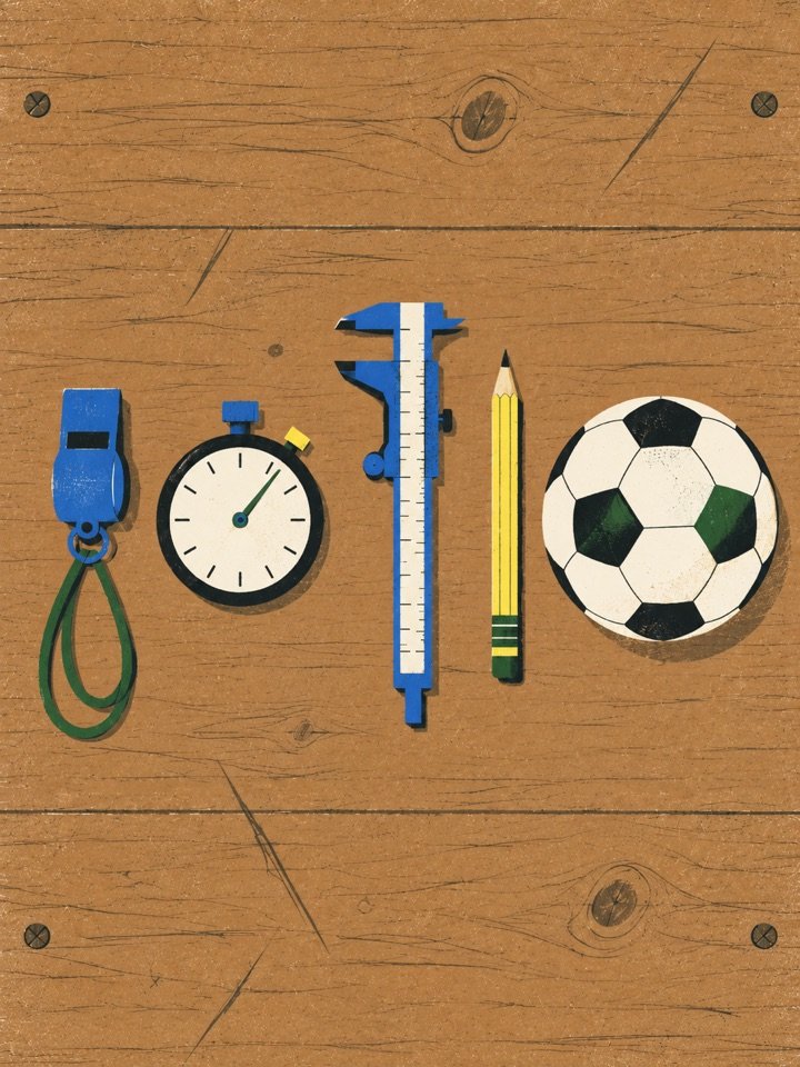 A workbench with a whistle, a stopwatch and a soccer ball