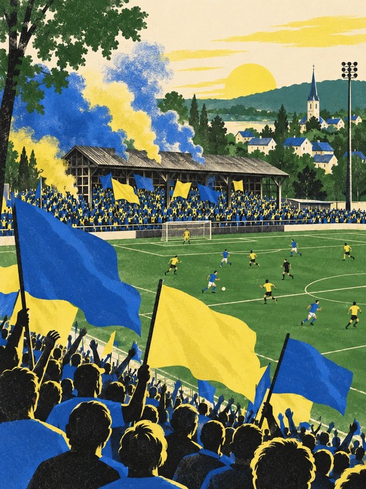 A small ground at dusk, flags waving over a wooden stand