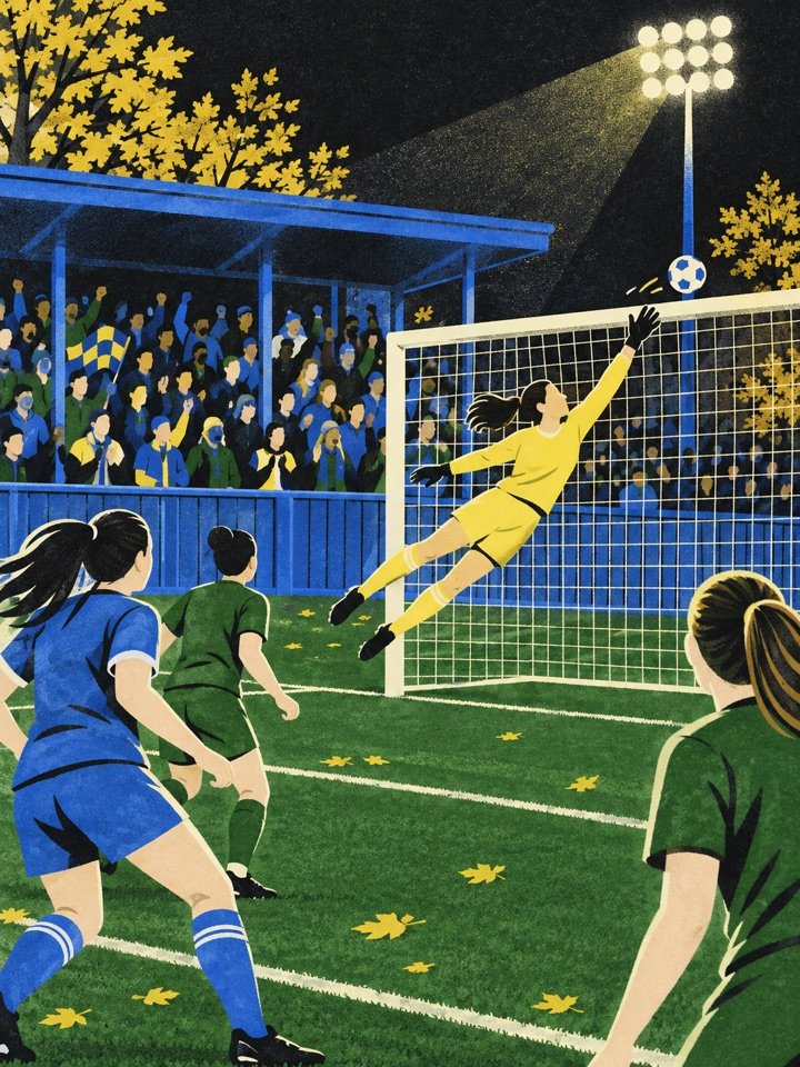 A woman player mid-air, volleying a ball under the lights