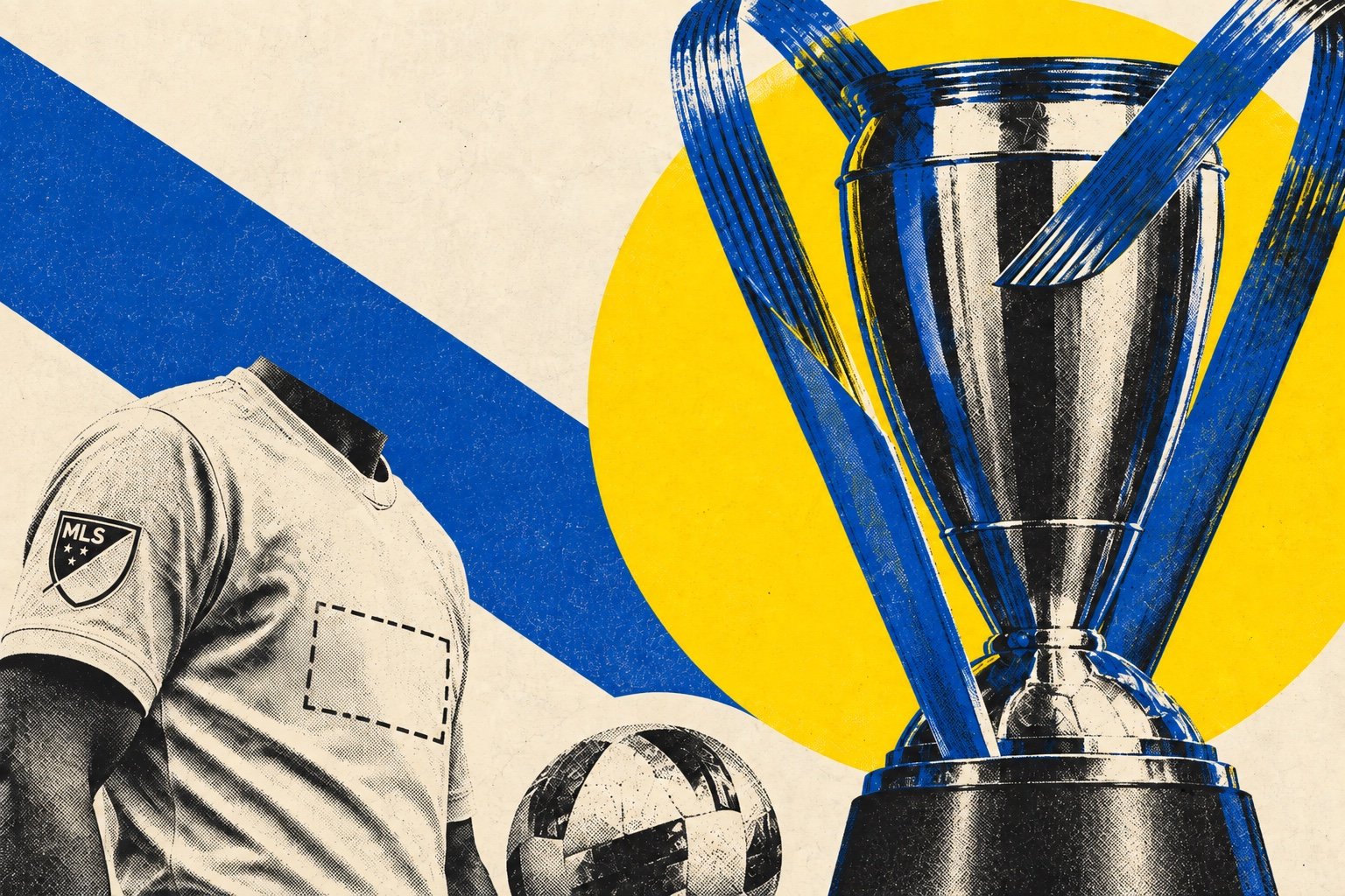 Screenprint-style poster in cobalt blue, yellow and black on cream paper: the MLS Cup trophy in coarse halftone in front of a yellow circle, a wide blue diagonal band, a player’s torso in a plain jersey with the MLS crest on the sleeve and an empty dashed box on the chest where a sponsor would go, and a match ball.
