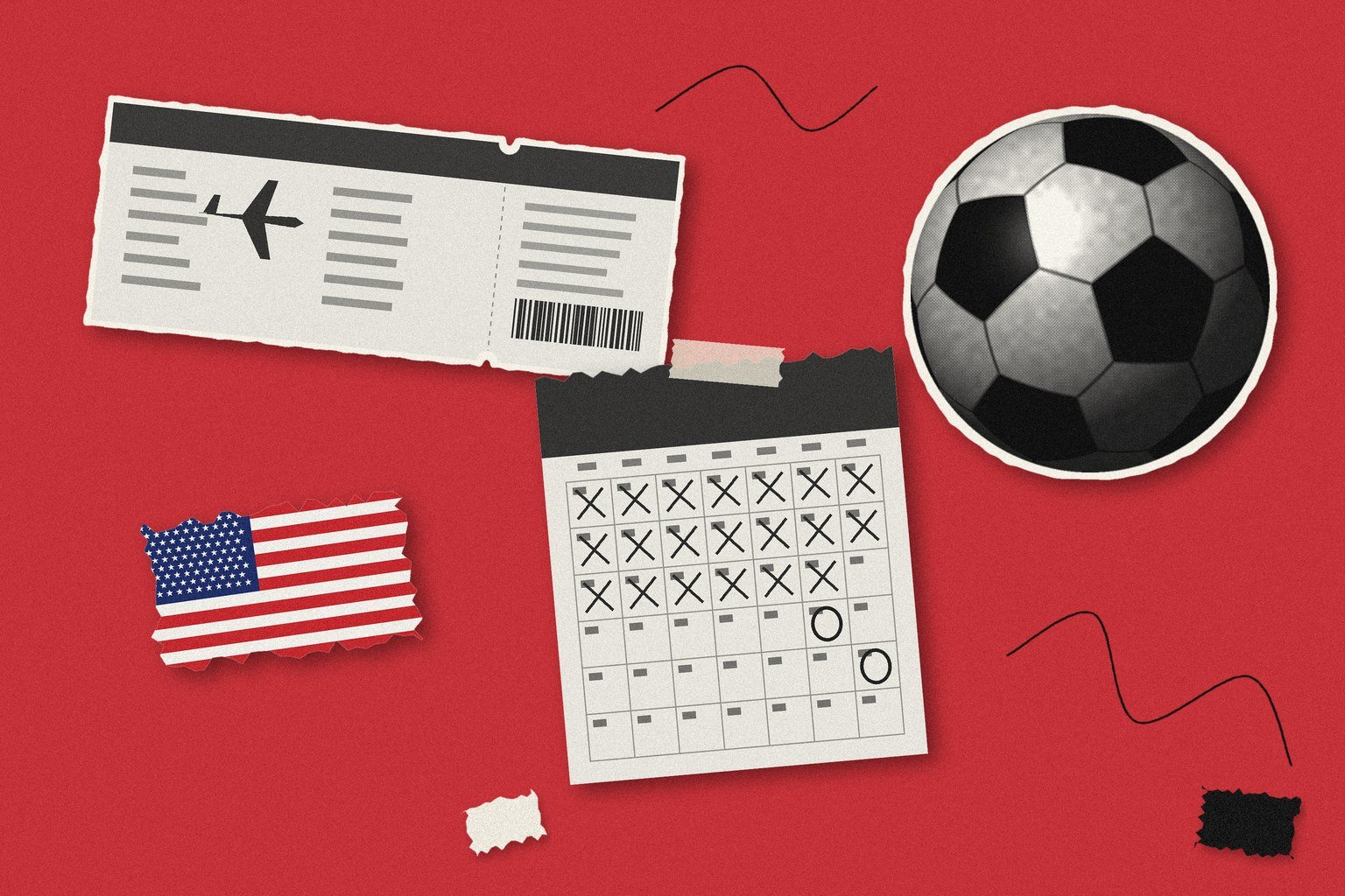 Photo collage on a flat red field: a blank boarding pass with an airplane symbol and a barcode, a torn scrap of the American flag, a wall calendar with most of the month crossed off and two later days ringed, and a black-and-white soccer ball, among ink scribbles and paper scraps