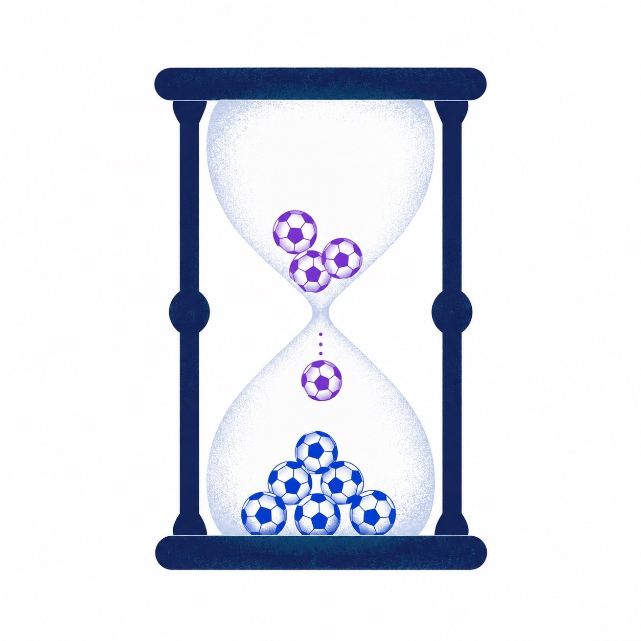 An hourglass filled with tiny soccer balls